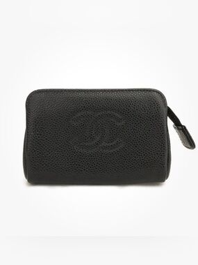 Authentic CHANEL Black Caviar Leather Zip Pouch Cosmetic Card Case